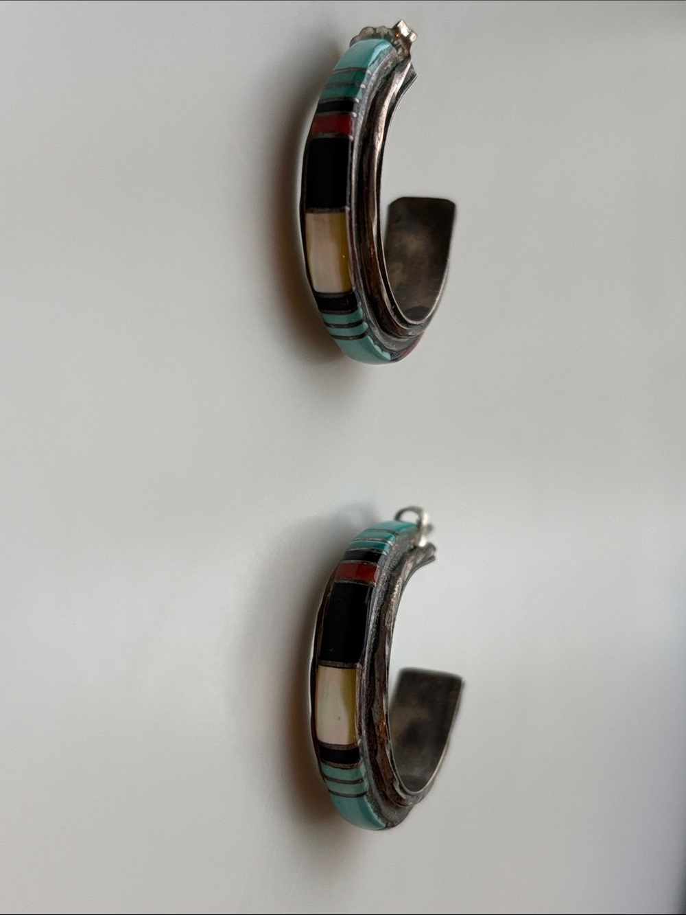 Zuni Pueblo Bowannie Hoop Earrings - Turquoise, Coral, & Mother of Pearl